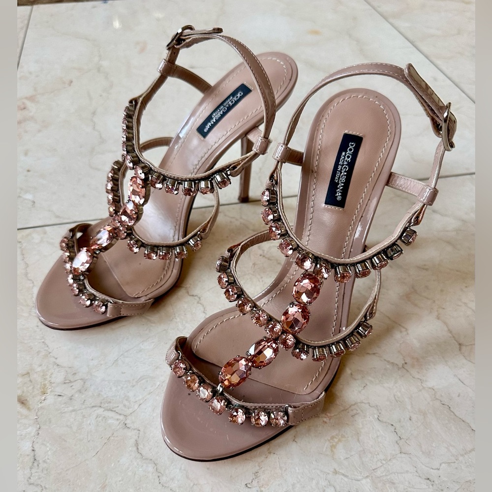 Dolce & Gabbana Pink Crystal Embellished Patent Leather Sandals 37 Like New - Picture 1 of 9